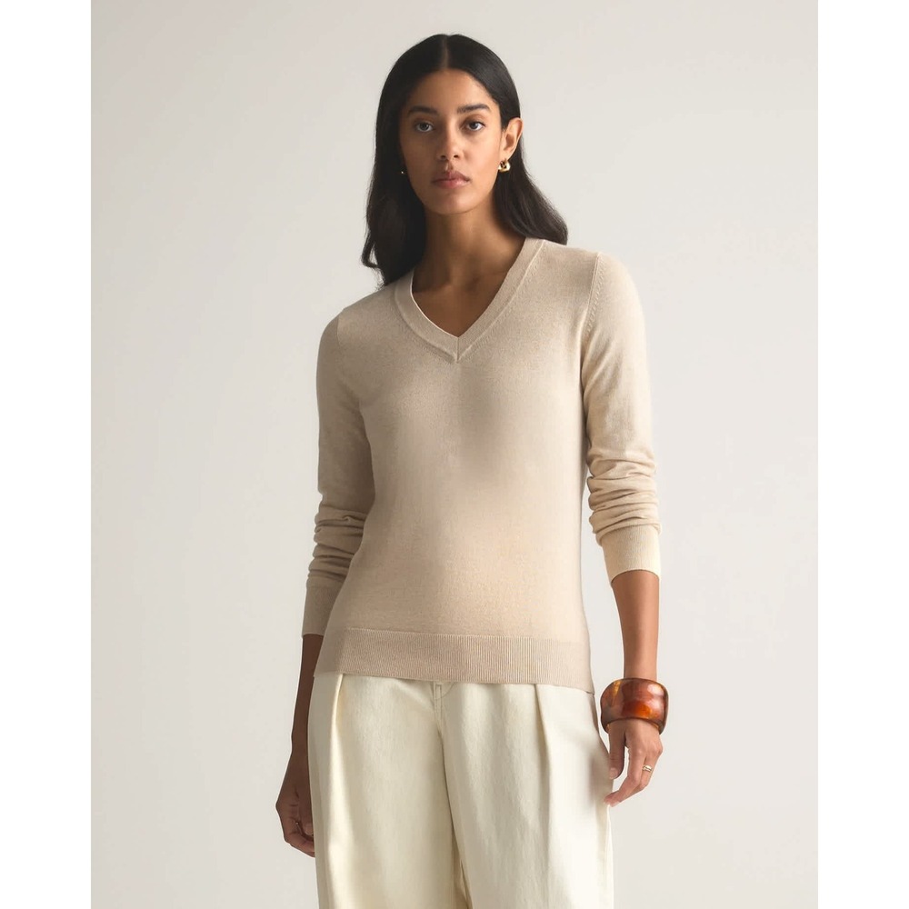 Quince Organic Cotton Cashmere Blend V-Neck Sweater Beige Oatmeal Knit Sz M‎